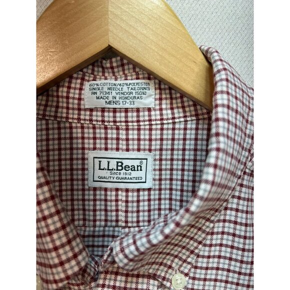 LL Bean Mens Button Down Shirt Long Sleeve Stretch Sz 17-33 Burgundy White Plaid - Picture 3 of 13